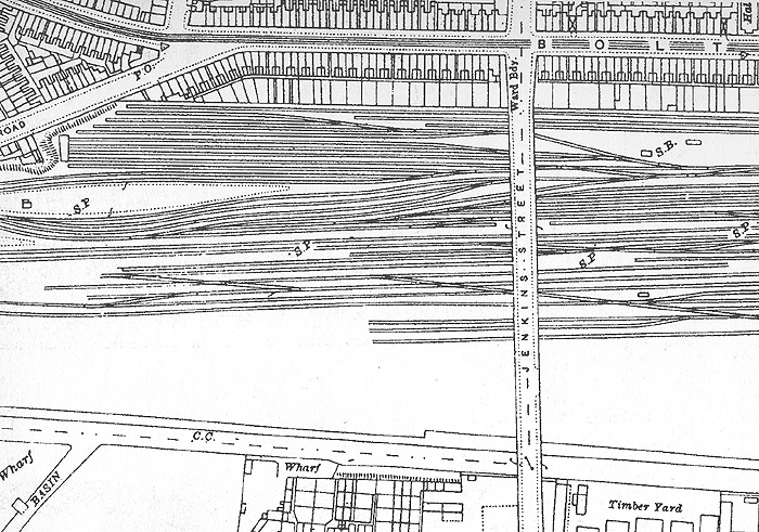 View of Bordesley Goods Yard to the West of Jenkins Street bridge showing the extensive sidings and Bordesley Junction Signal Box