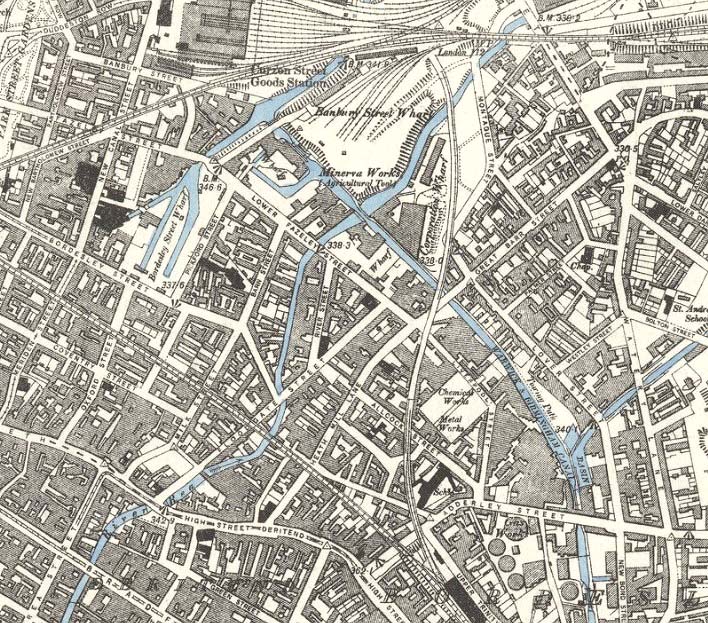A copy of the 1888 Ordnance Survey map covering the Duddeston Viaduct between Bordesley and Curzon Street