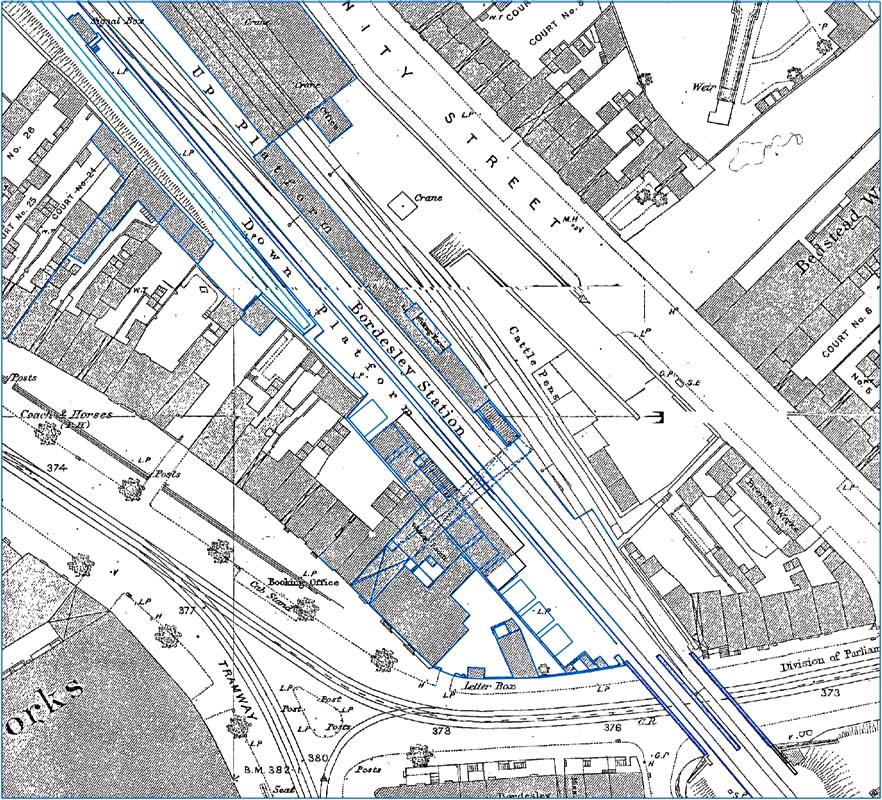Ordnance Survey Map of 1889 and a schematic overlay showing the outline of the original Bordesley Station
