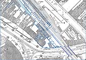 Ordnance Survey Map of 1889 and a schematic overlay showing the outline of the original Bordesley Station