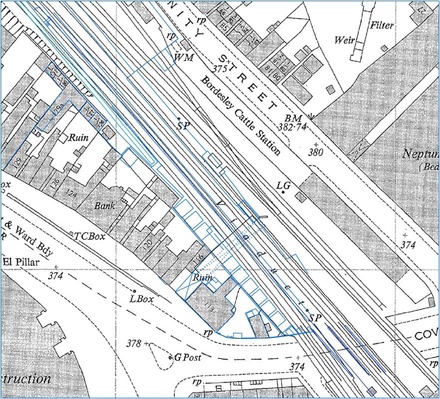 Ordnance Survey Map  of 1950 and a schematic overlay showing the outline of Bordesley Cattle Station