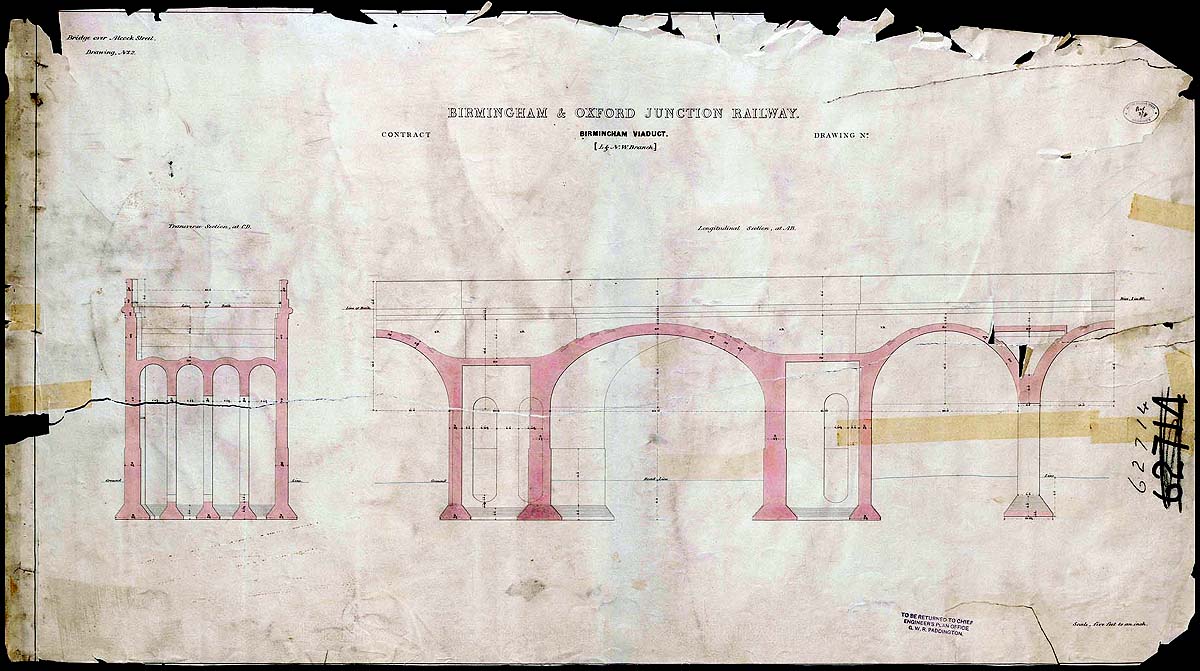 Original GWR drawing showing the longitudinal and transverse section of Duddeston Viaduct at Alcock Street