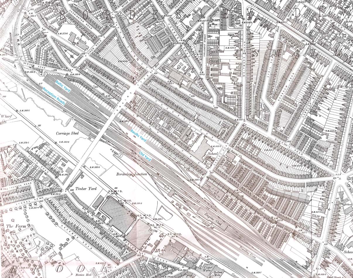 A 1903 Map showing the single line Bordesley Junction with the Midland Railway (top left) and marked with the names of the four Up Siding areas