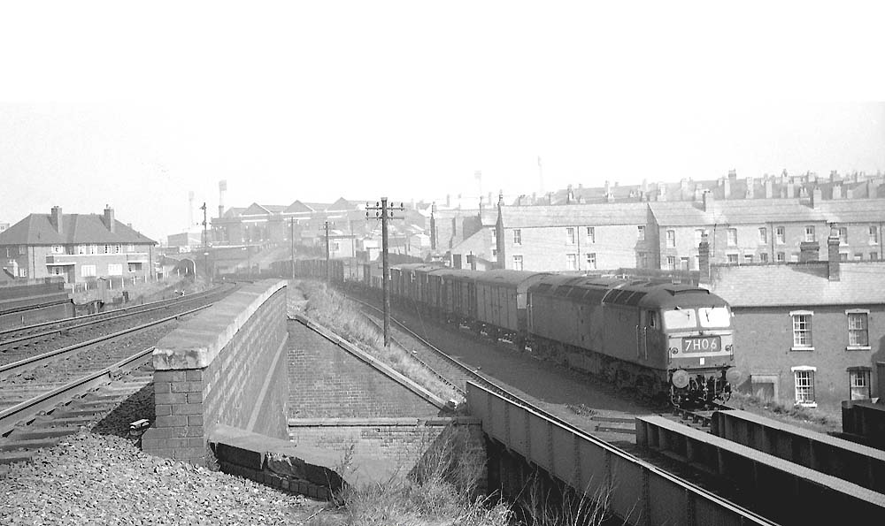 An unidentified Brush Type 4 (Class 47) is seen entering the exchange branch with a freight working heading towards Tyseley