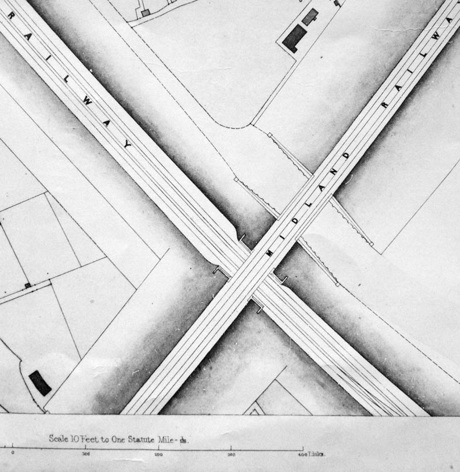 John Pigott-Smith's 1852 survey shows the bridge where the station would have been constructed in the apex of the bottom triangle
