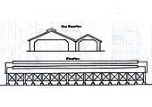 Schematic drawings showing Bordesley carriage shed's 1855 front and side elevations