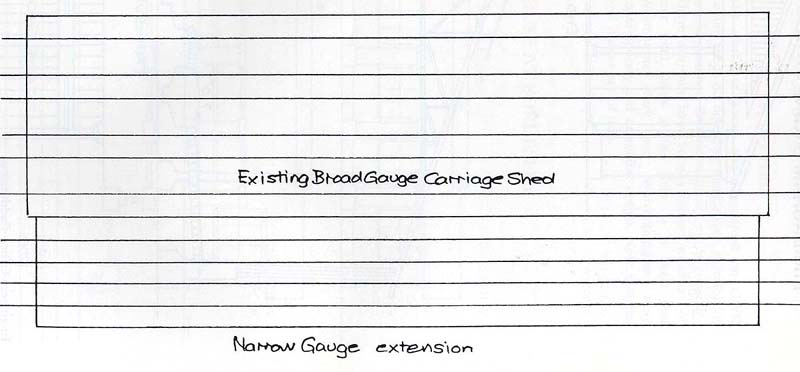 Schematic showing Bordesley shed's original three road broad gauge carriage shed and the two road narrow gauge extension