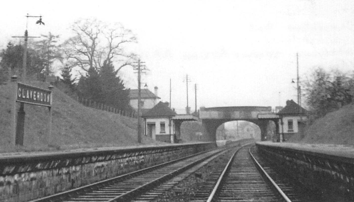 Track level view of Claverdon station looking towards Hatton showing the identical, but mirror image, waiting rooms and toilets on both platforms