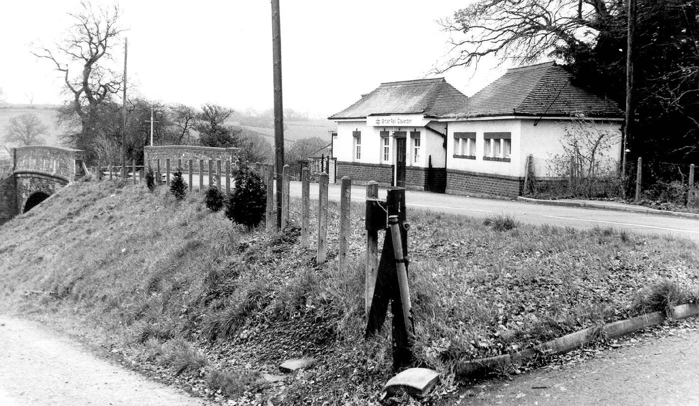 The road-level 1930s station buildings viewed from the access road to the original station seen on 23rd March 1981