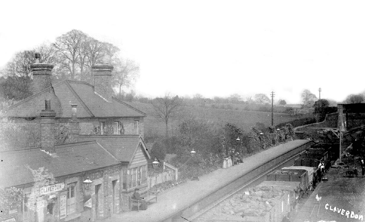 Claverdon station viewed from the road bridge at the turn of the century, with a goods engine shunting in the loop