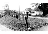 The road-level 1930s station buildings viewed from the access road to the original station seen on 23rd March 1981