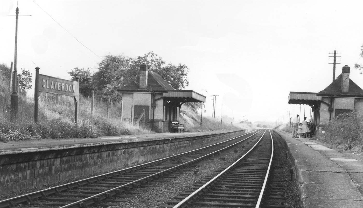 Looking along the 1930s replacement station platforms from beneath the road bridge towards Bearley