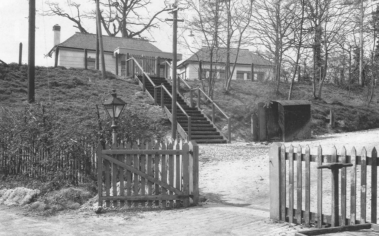 A view of the road-level buildings seen from the platform entrance of the old station on 24th April 1939