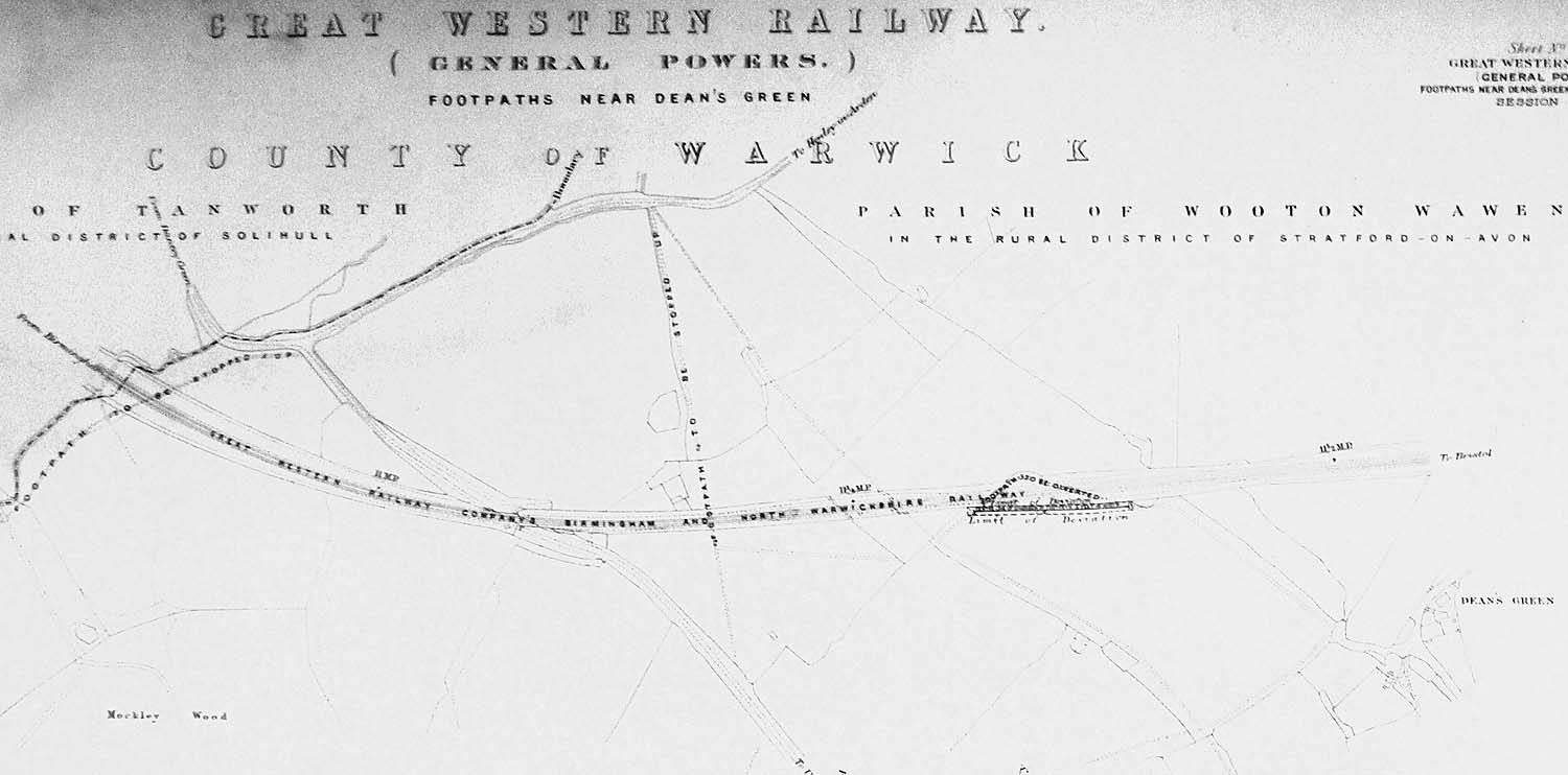 Close up of the GWR map showing footpaths and rights of way in relation to the North Warwickshire line near Hockley Wood