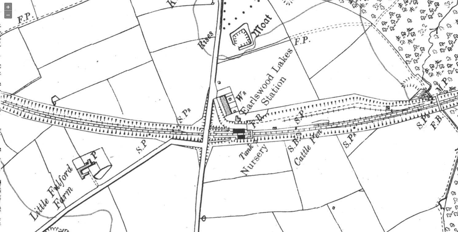 An Ordnance Survey map of Earlswood Lakes Station showing the layout of the station and goods yard as first built in 1908