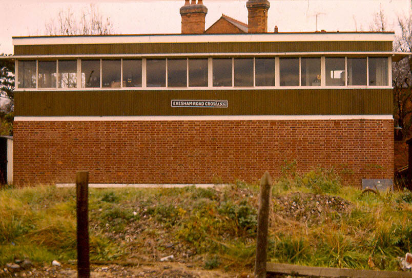 A full frontal view of Evesham Road Crossing signal box which shows the very large structure built
