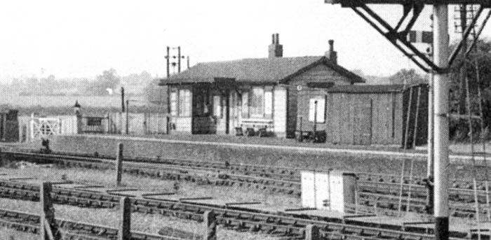 Close up of  showing details of the up platform and its buildings in the early 1960s