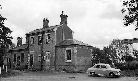 External view of Great Alne station taken circa 1955 showing the vandalised state of the station building after the line's closure
