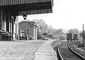 Close up showing Great Alne station with its goods shed on the platform and siding in the background