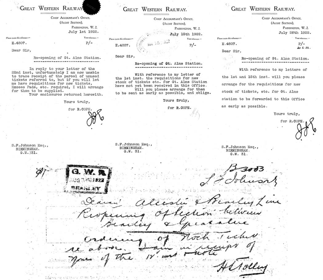 Four Great Western Railway memos showing some of the preparations for the reopening of the first section of the Alcester branch line