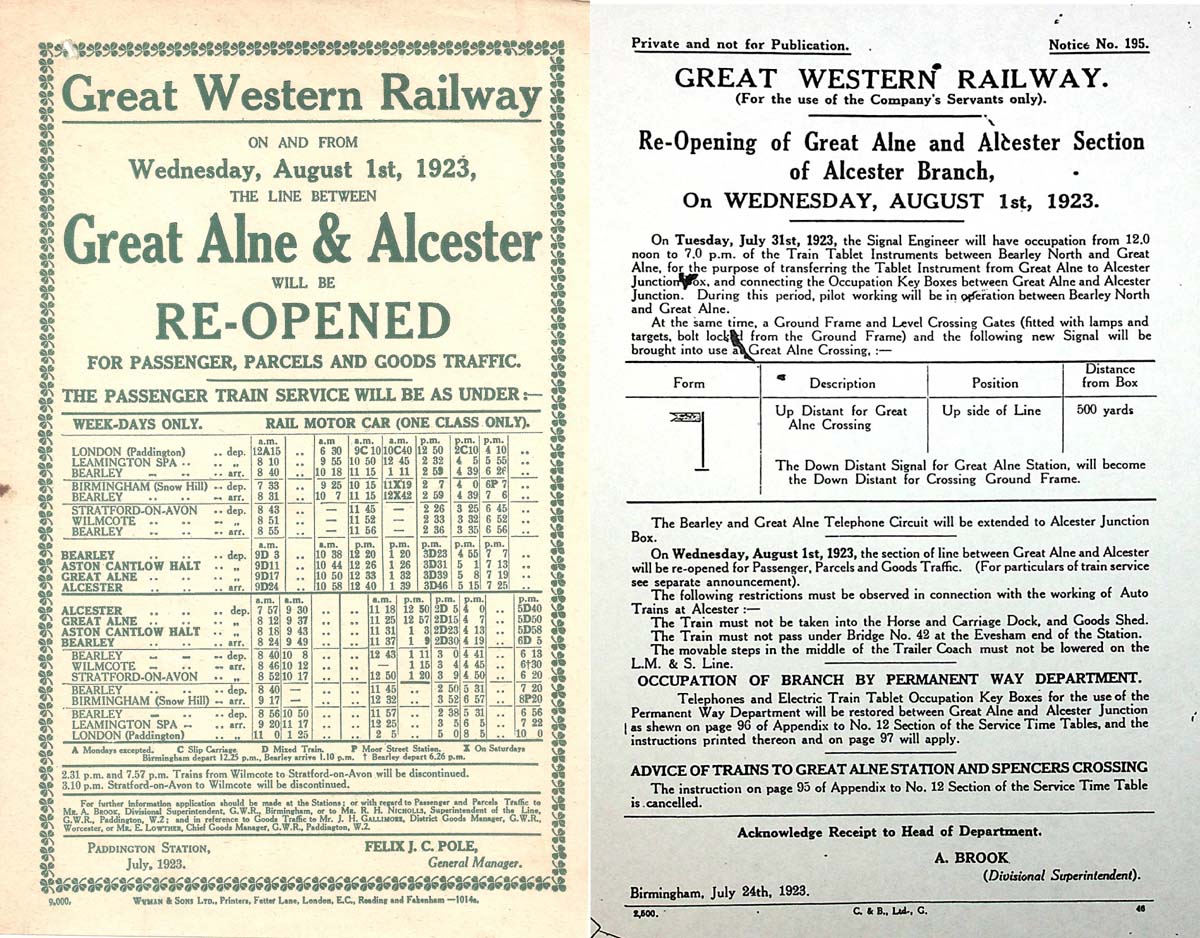 Public Handbill detailing services and a Signalling Notice detailing the changes at Great Alne