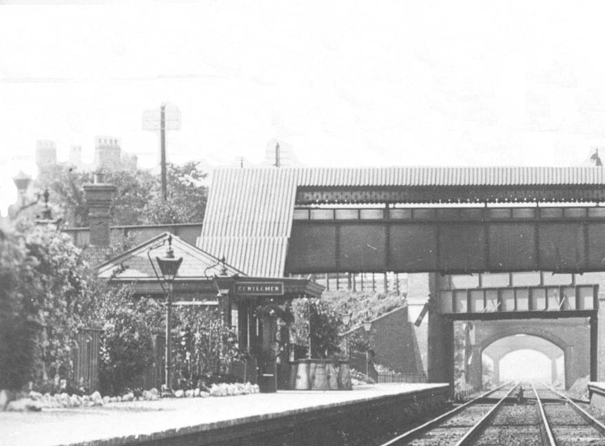 Close up showing the passenger facilities on the down platform and the footbridge which connected passengers from the access road to both platforms