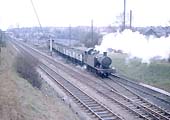 Ex-GWR 0-6-2T Class 56xx No 5605 is seen leaving Hall Green goods yard en-route to Hall Green on 9th April 1965