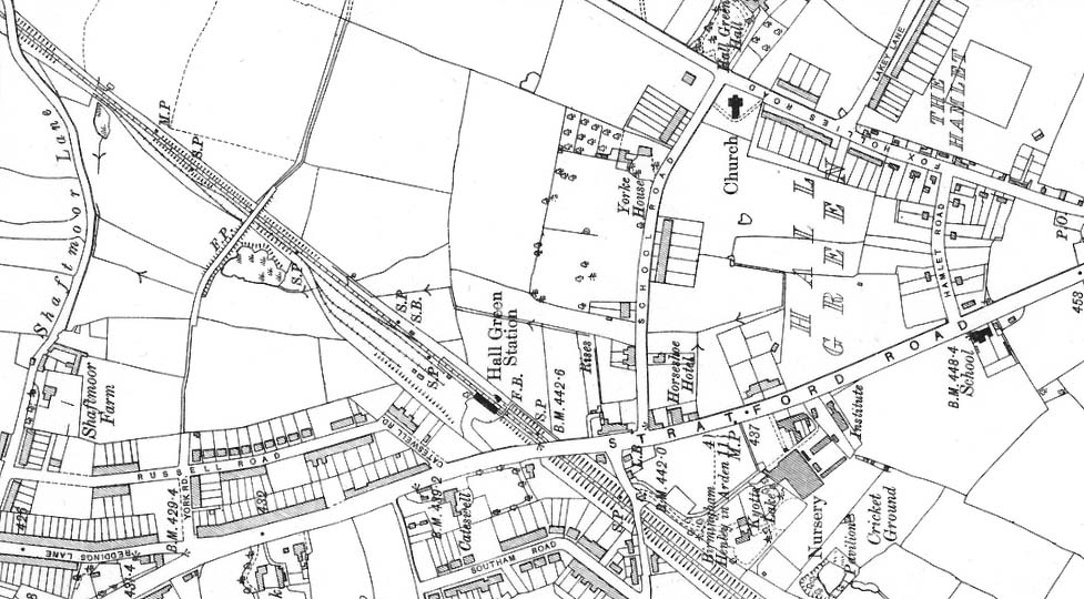 A 1914 revised Ordnance Survey map revised in 1913-4 published in 1919 showing Hall Green station and goods yard