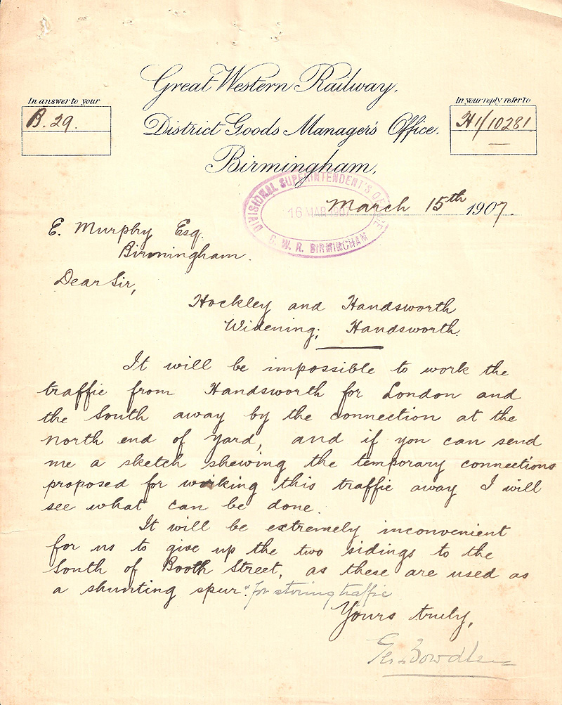 Letter from the District Goods Manager to Mr E Murphy, in March 1907, about the temporary connection arrangements