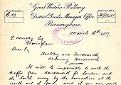 Letter from the District Goods Manager to Mr E Murphy, in March 1907, about the temporary connection arrangements