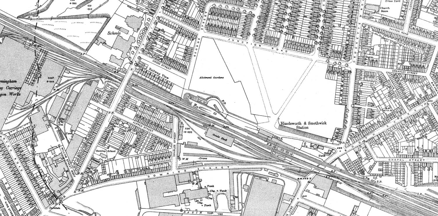 A 1913 25 inch to the Mile Ordnance Survey Map showing Handsworth & Smethwick station and goods yard