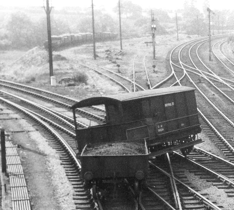 Close up of the derailed brakevan, a 20ton brakevan to diagram AA13, constructed between 1913 and 1918