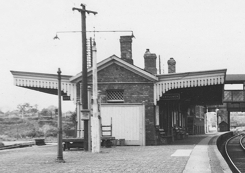 Close up showing the main island platform brick built building with plain gabled slate roof constructed circa 1860