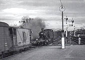 British Railways built 2-6-2T 'Large Prairie' No 4176 eases off having banked the freight train from Warwick station