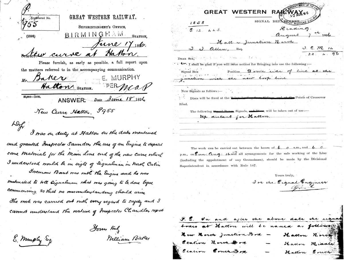Two memos regarding work on the north curve at Hatton during 1896