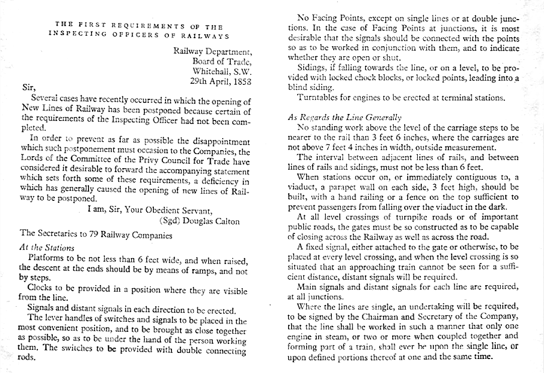 BoT letter laying out the requirements for new railways and the reason for the turntables at Hatton, etc