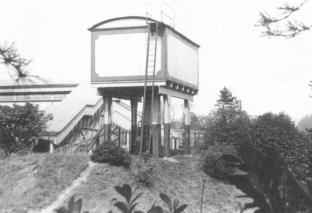 Henley-in-Arden's water tower dominated the approach to the station towering above two sets of steps to the passenger footbridge