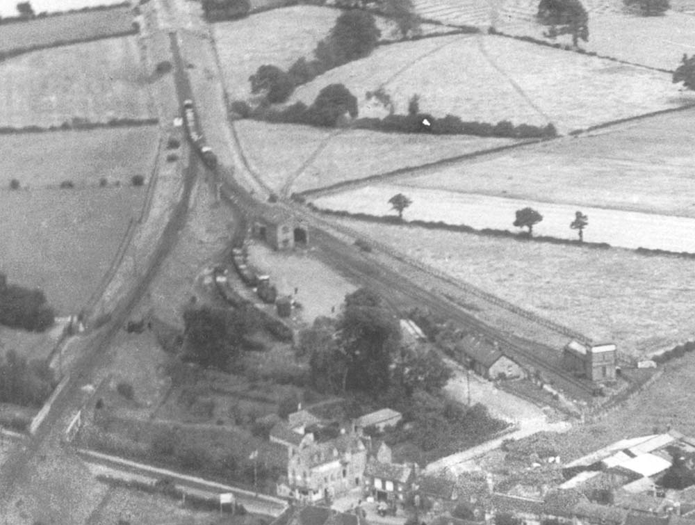 Close up of the former branch terminus showing the relationship of the sidings, goods shed to the station and engine shed