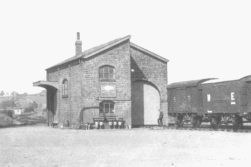 Close up showing Henley-in-Arden goods shed and the track on the truncated former branch forming the head shunt with buffer stops in the distance