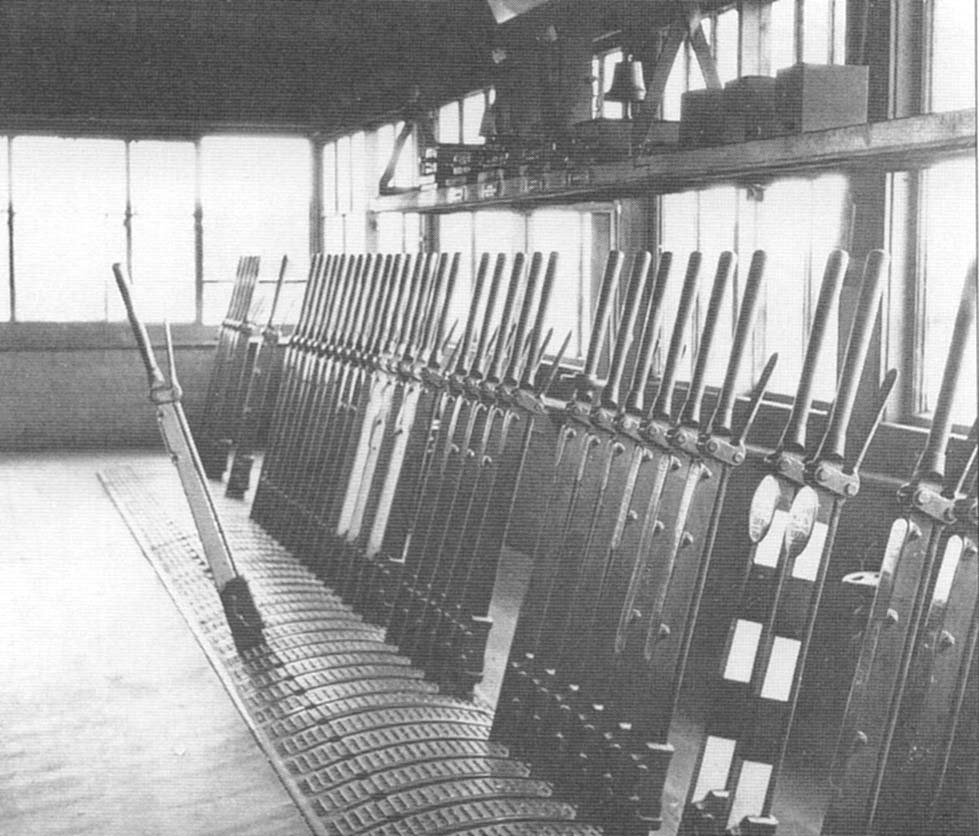 An internal view of Henley in Arden's Signal Box showing some of the fifty-seven levers that operated the signals and points