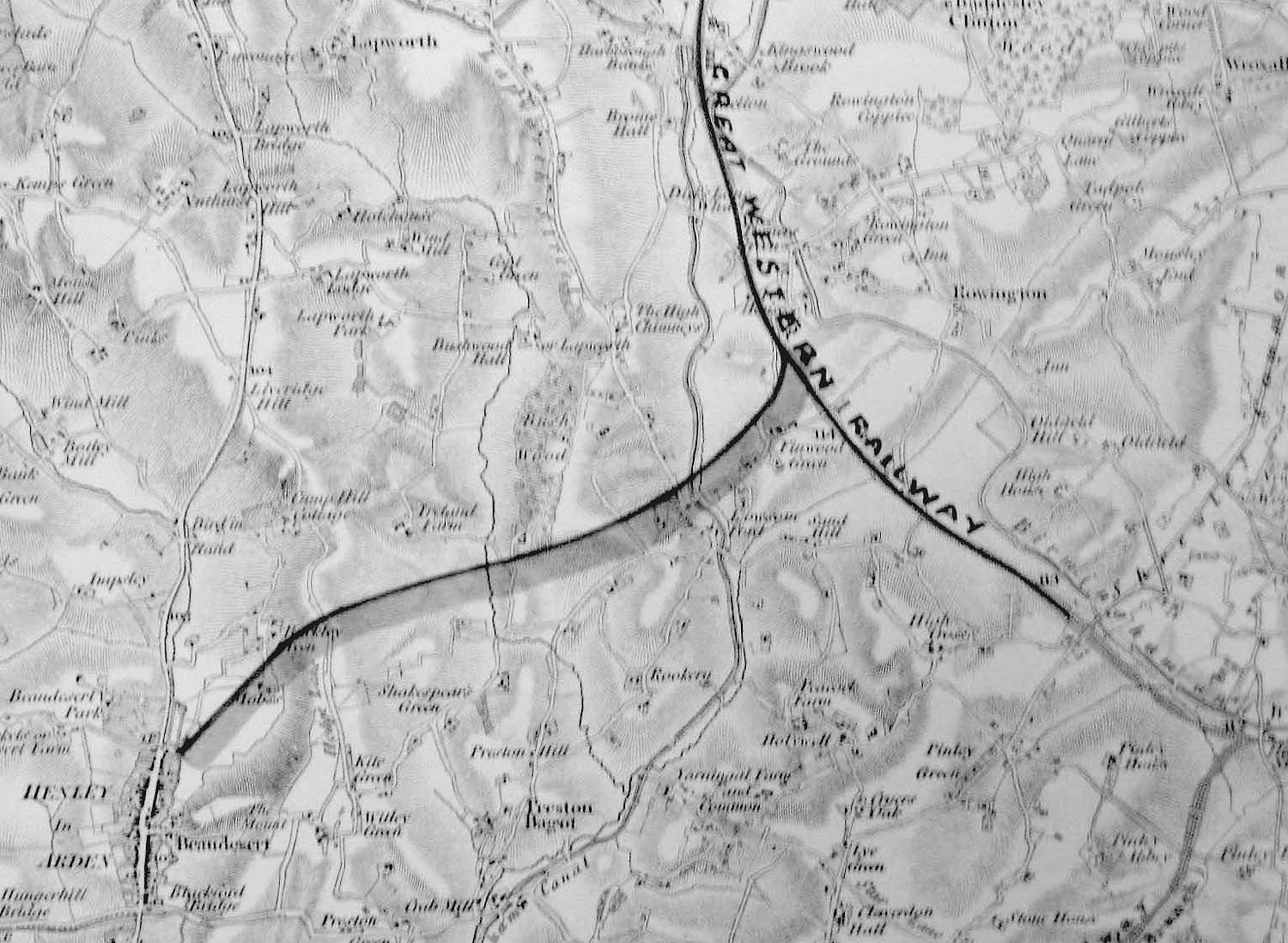 The 1872 Ordnance Survey Map showing the proposed route of the Rowington to Henley Branch Line