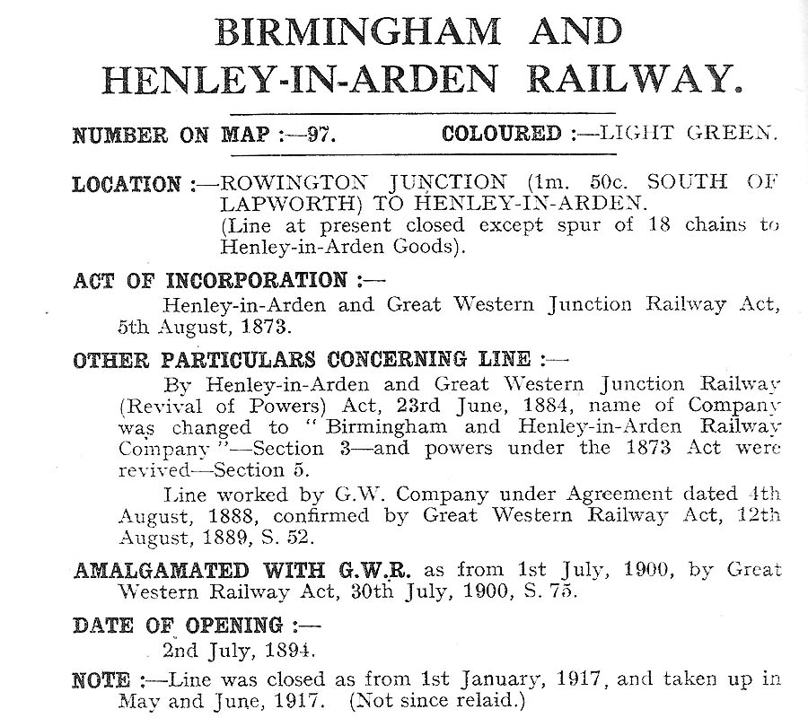 Copy of the official dates for incorporation etc as given in Gale's Official List for the GWR