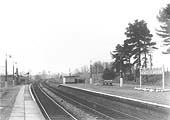 Looking South from the platform at Henley-in-Arden. The starter signal has been cleared for a train to leave.