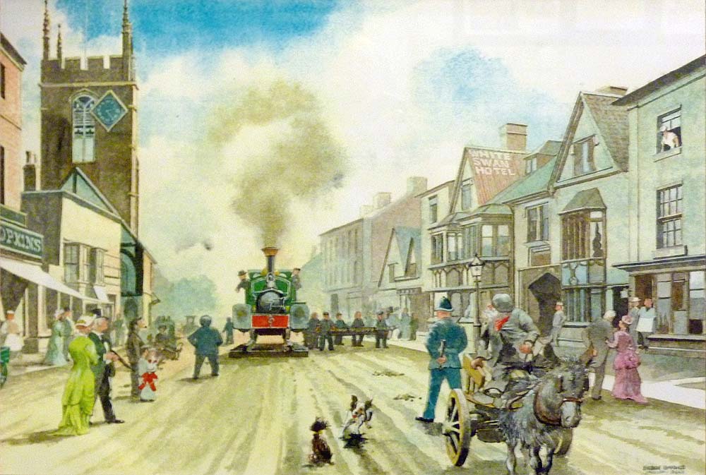 A painting showing a contractors 0-4-0ST locomotive being driven up the High Street to the B&HRC terminus station
