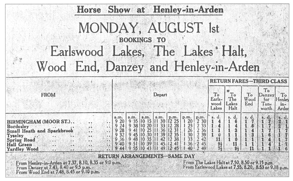 A 1938 Timetable advertising Bank Holiday excursion trains between Moor Street and Henley in Arden