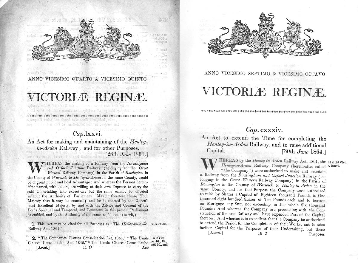 Copies of the front pages of the initial Acts of Parliament relating to the Henley-in-Arden Railway