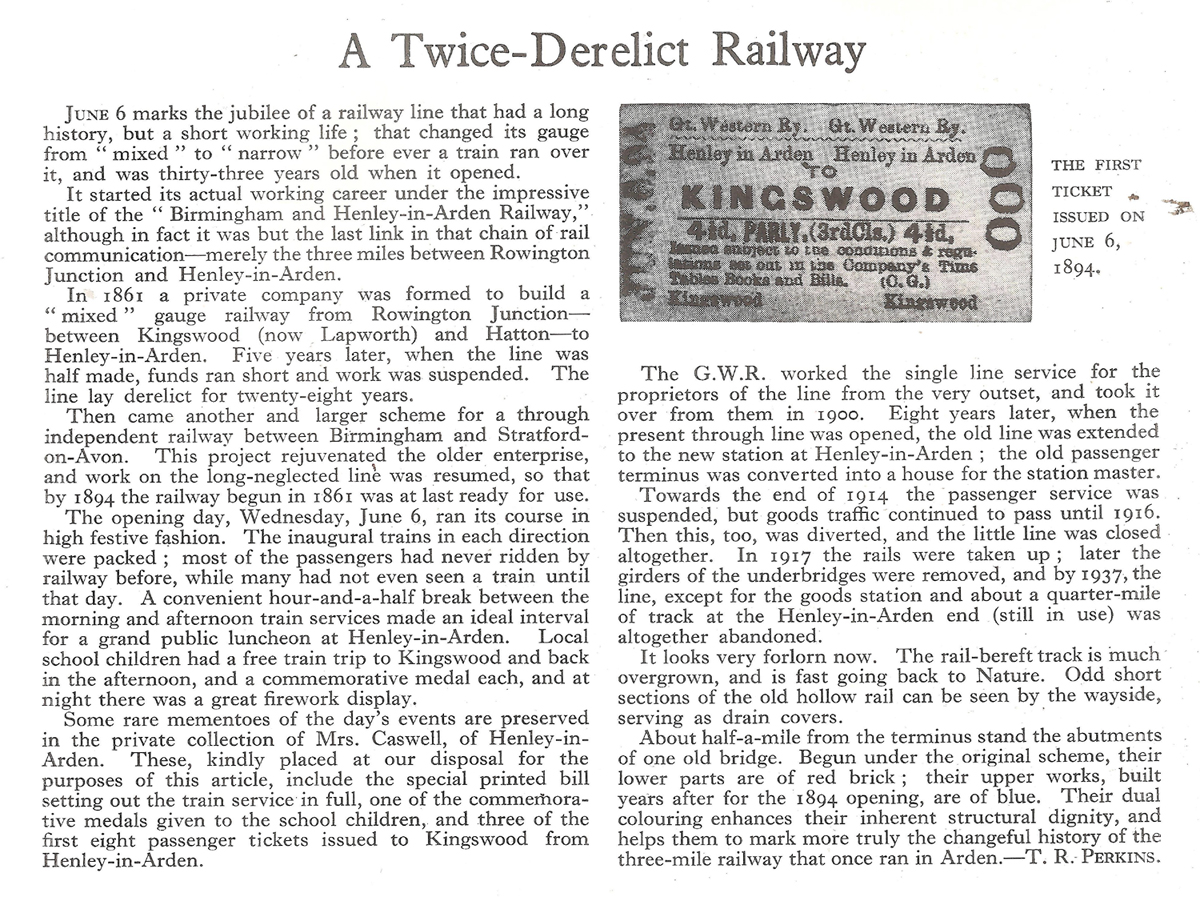 The Great Western Railway's Winter 1906 Working Time Table for the Lapworth to Henley in Arden branch line