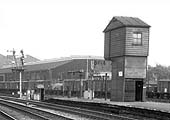 Close up showing the lift shaft, signals and water crane located at the Birmingham end of the island platforms
