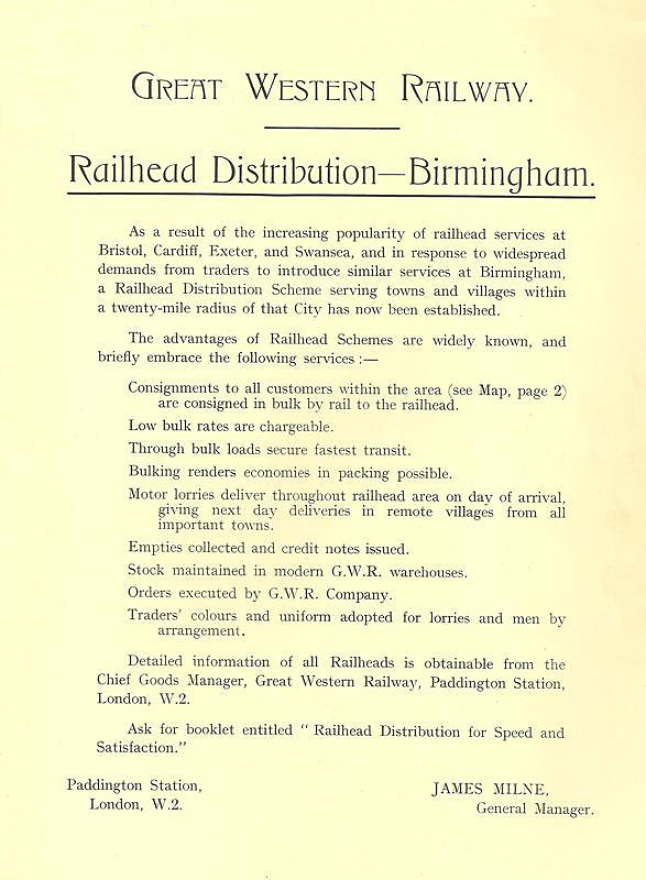 Flyer advertising the GWR's new service of 'Railhead Distribution for Speed and Satisfaction'