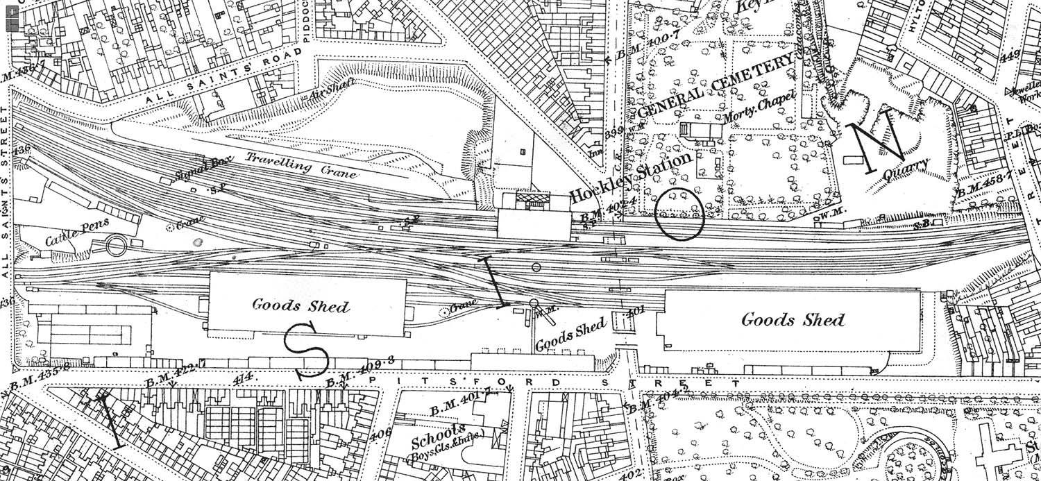 An 1888 25 inch to the mile Ordnance Survey map showing the Inwards shed on the right and the Outwards shed on the left